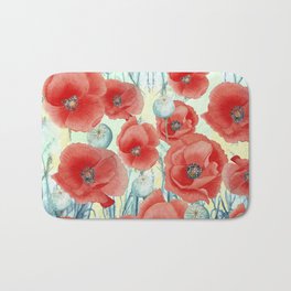 Poppies and Pods Bath Mat | Girl, Nature, Painting, Watercolor, Pattern, Summer, California, Flowers, Happy, Red 