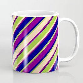 [ Thumbnail: Green, Tan, Purple & Blue Colored Lined Pattern Coffee Mug ]