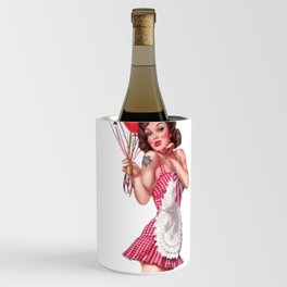 Sexy Brunette Pin Up With Tattoo, Baloons And Maid Dress Wine Chiller