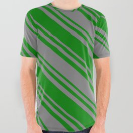 [ Thumbnail: Green & Gray Colored Stripes Pattern All Over Graphic Tee ]