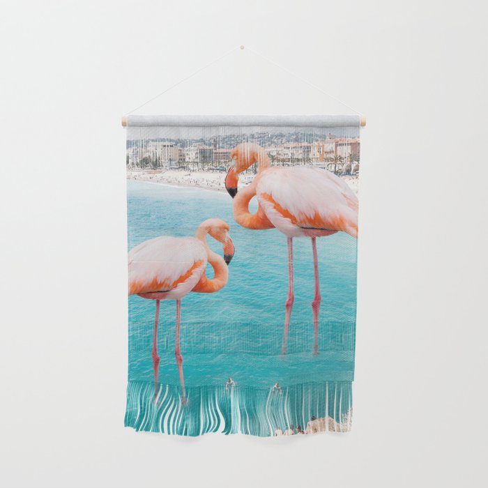 Flamingo On The City Beach, Animal Wildlife Collage Illustration, Minimal Boho Home Décor Wall Hanging