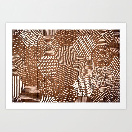 hexagon doodle patterns on wood Art Print