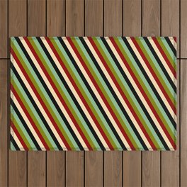 [ Thumbnail: Eyecatching Dark Sea Green, Green, Dark Red, Beige, and Black Colored Pattern of Stripes Outdoor Rug ]