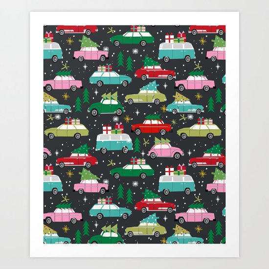 Christmas pattern print vintage cars holiday gifts presents christmas trees cute decor Art Print