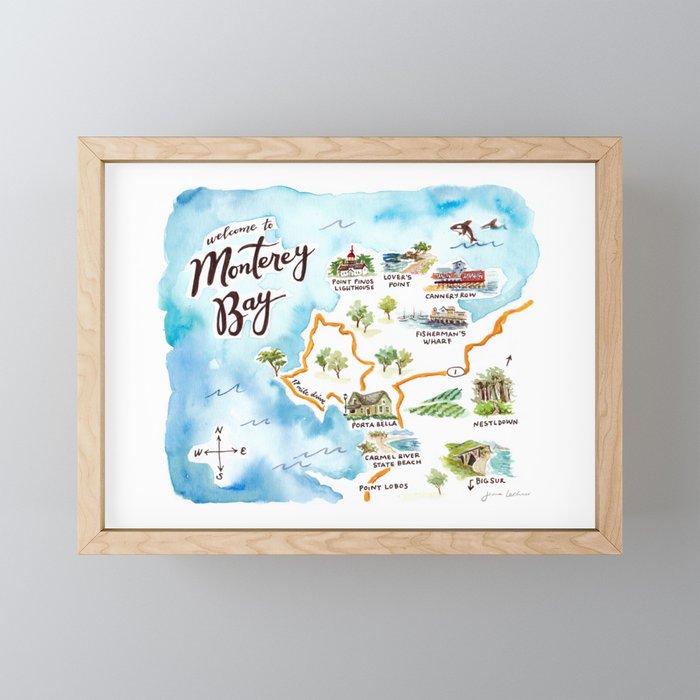 Monterey Bay, CA Watercolor Map Framed Mini Art Print
