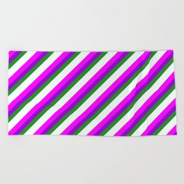 [ Thumbnail: Eye-catching Fuchsia, Dark Violet, Forest Green, Mint Cream, and Light Grey Colored Stripes Pattern Beach Towel ]