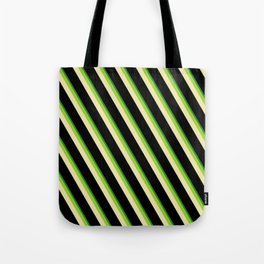 [ Thumbnail: Green, Pale Goldenrod, Black, and Forest Green Colored Pattern of Stripes Tote Bag ]
