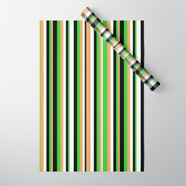 [ Thumbnail: Brown, Lime Green, Black & Mint Cream Colored Stripes Pattern Wrapping Paper ]