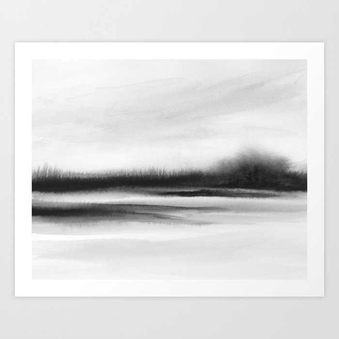 River Reflection III - Black and White Riverscape Tree Reflection Watercolor Painting Art Print