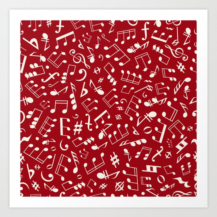 Antique White Musical Notation Pattern on Christmas Red Art Print