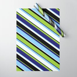 [ Thumbnail: Colorful Green, Midnight Blue, Light Sky Blue, Mint Cream, and Black Colored Lined/Striped Pattern Wrapping Paper ]