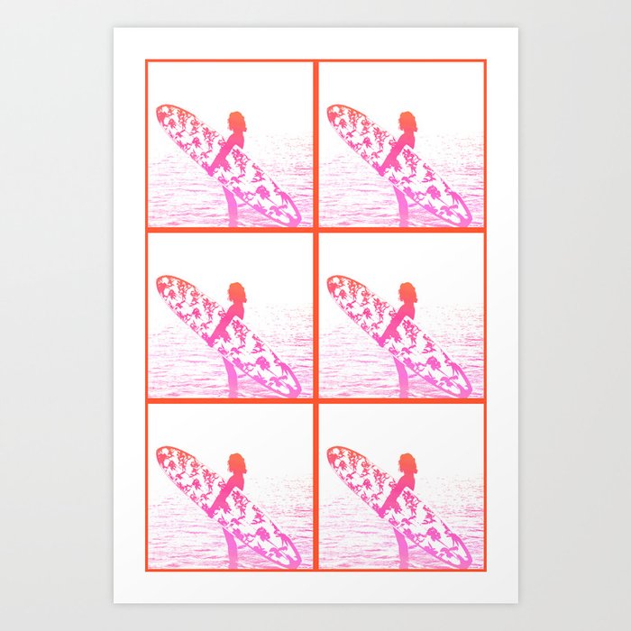Retro Woman and Surfboard Pink Art Print