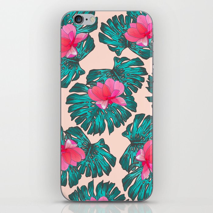 Artsy Tropical Green Teal Monster Leaves Pink Floral iPhone Skin