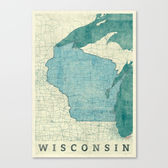 Wisconsin State Map Blue Vintage Canvas Print