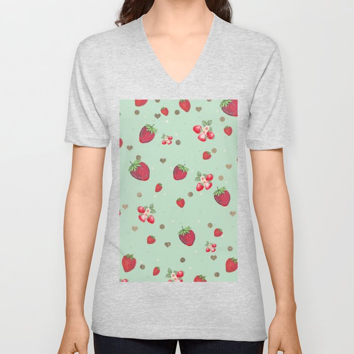 Mint green red gold geometrical strawberry fruit V Neck T Shirt
