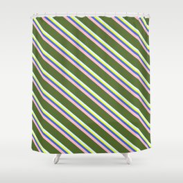 [ Thumbnail: Colorful Yellow, Royal Blue, Pink, Dark Olive Green, and Light Cyan Colored Lined/Striped Pattern Shower Curtain ]