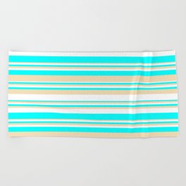 [ Thumbnail: White, Aqua & Tan Colored Striped/Lined Pattern Beach Towel ]