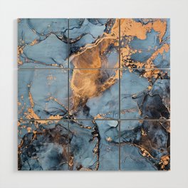 Dusty Blue + Goldenrod Abstract Marble Haze Wood Wall Art