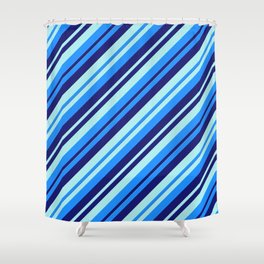 [ Thumbnail: Blue, Midnight Blue, and Turquoise Colored Lined/Striped Pattern Shower Curtain ]