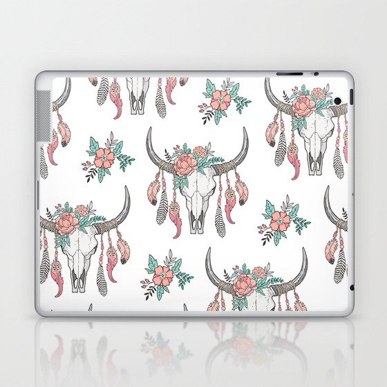 Boho Longhorn Cow Skull with Feathers and Peach Flowers Laptop & iPad Skin