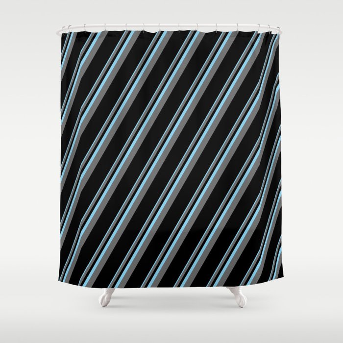 Sky Blue, Dim Grey, and Black Colored Pattern of Stripes Shower Curtain