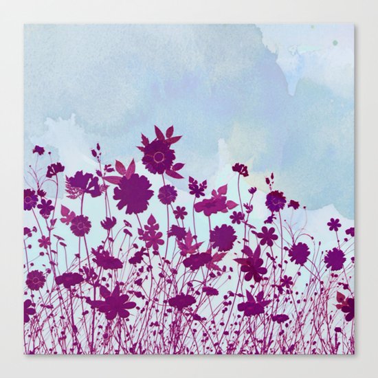 wild little flowers against watercolor sky Canvas Print