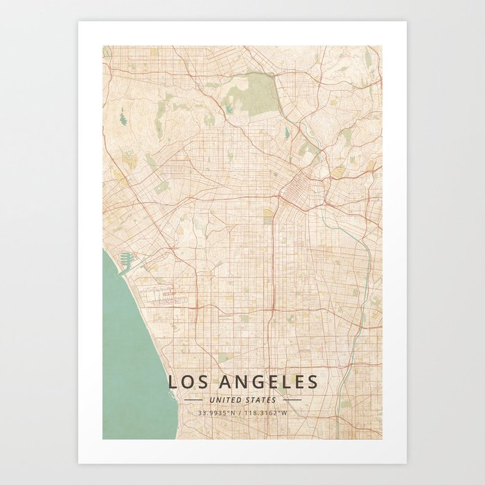 Los Angeles, United States - Vintage Map Kunstdrucke | Graphic-design, Los, Angeles, United, States, America, Karte, City, Town, Street