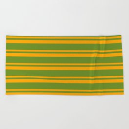 [ Thumbnail: Green & Orange Colored Lined/Striped Pattern Beach Towel ]