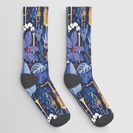 Music to my eyes // oxford navy blue background gold textured musical instruments blue indoor plants coral music notes Socks