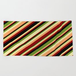 [ Thumbnail: Colorful Green, Pale Goldenrod, Brown, Dark Red & Black Colored Stripes Pattern Beach Towel ]