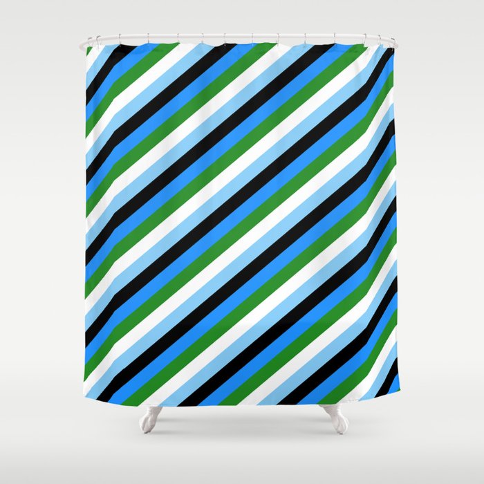 Eye-catching Blue, Forest Green, White, Light Sky Blue & Black Colored Stripes Pattern Shower Curtain