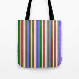 [ Thumbnail: Green, Medium Slate Blue, Pale Goldenrod, and Sienna Colored Striped Pattern Tote Bag ]