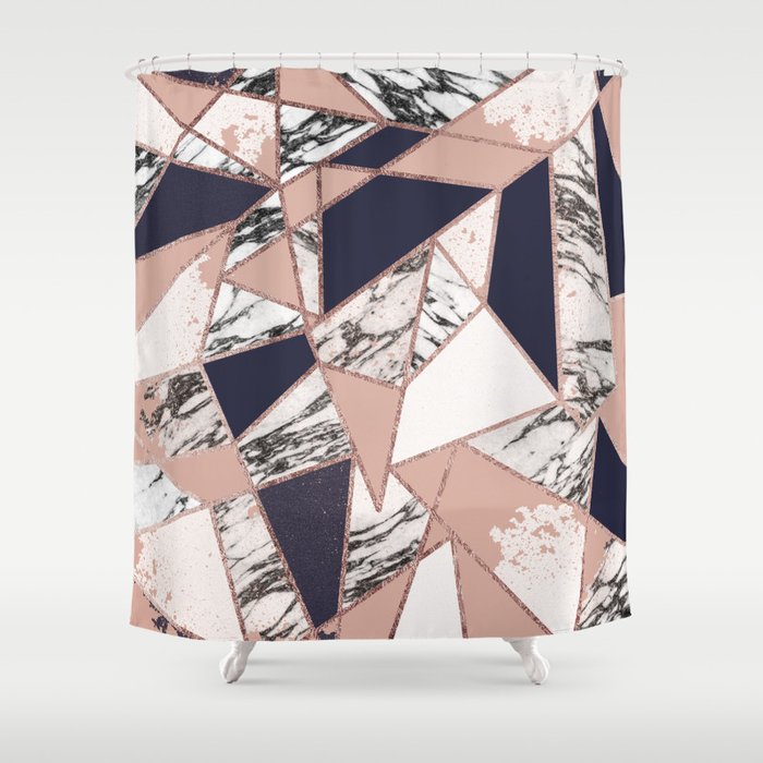 Geometric Navy Blue Peach Marble Rose Gold Triangle Shower Curtain Geometric Navy Blue Peach Marble Rose Gold Triangle Shower Curtain