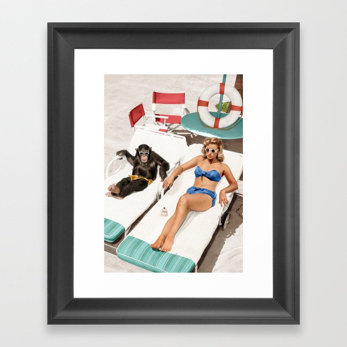 Chimpanzee and a Woman Sunbathing Framed Art Print