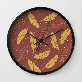 Gold Feather in Cinnamon Brown Wall Clock