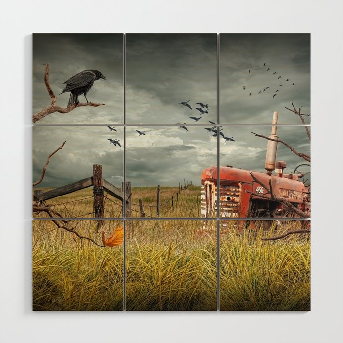 Abandoned Red Tractor in a Prairie Field with Perched Crow and Flying Geese Wood Wall Art