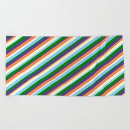 [ Thumbnail: Coral, Light Yellow, Light Sky Blue, Green & Dark Slate Blue Colored Lined/Striped Pattern Beach Towel ]