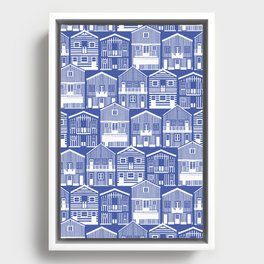 Monochromatic Portuguese houses // electric blue background white striped Costa Nova inspired houses Framed Canvas