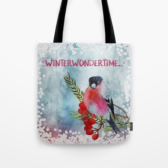 Winter Wondertime - Merry christmas- Little finch on branch-covered with snow Tote Bag