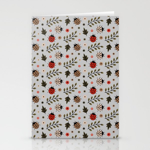 Ladybug and Floral Seamless Pattern on Light Grey Background Stationery Cards