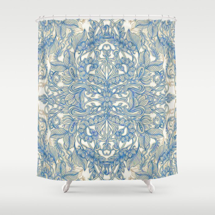 Blue & Tan Art Nouveau Pattern Shower Curtain