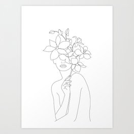 Minimal Line Art Woman with Orchids Art Print