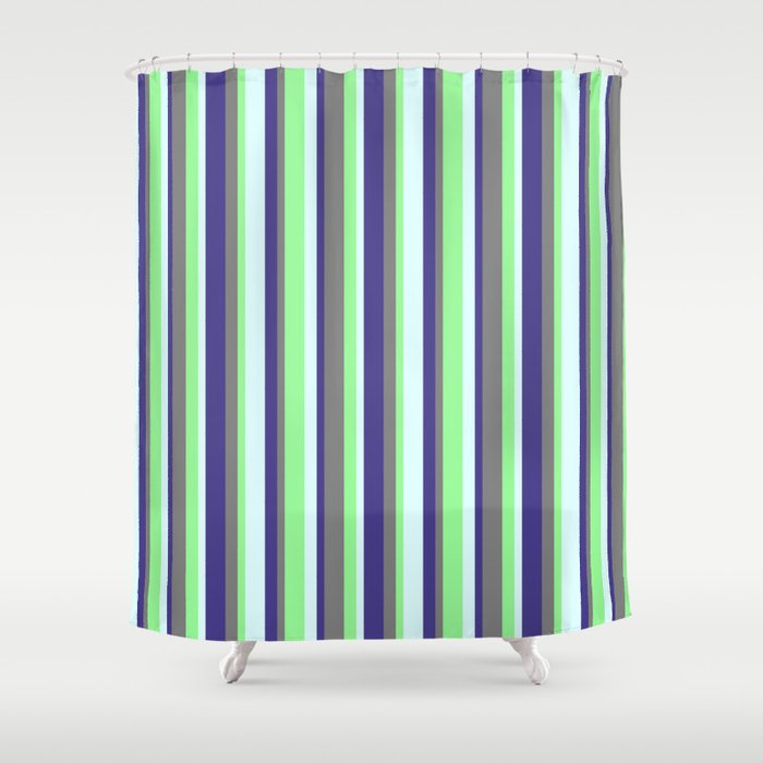 Dark Slate Blue, Light Cyan, Green, and Gray Colored Lines/Stripes Pattern Shower Curtain
