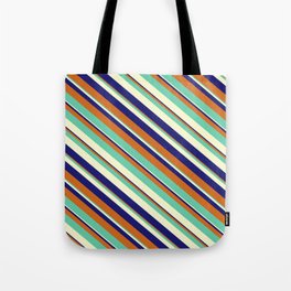 [ Thumbnail: Midnight Blue, Chocolate, Aquamarine & Light Yellow Colored Pattern of Stripes Tote Bag ]