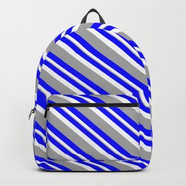 [ Thumbnail: Blue, White, and Dark Grey Colored Lined/Striped Pattern Backpack ]