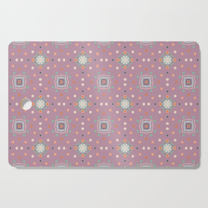 Dots, hearts and flowers on lilac background Cutting Board