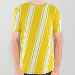 [ Thumbnail: Yellow and Mint Cream Colored Stripes/Lines Pattern All Over Graphic Tee ]