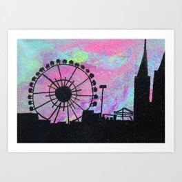 Ferris Wheel at Sunset Cityscape Silhouette Art Print