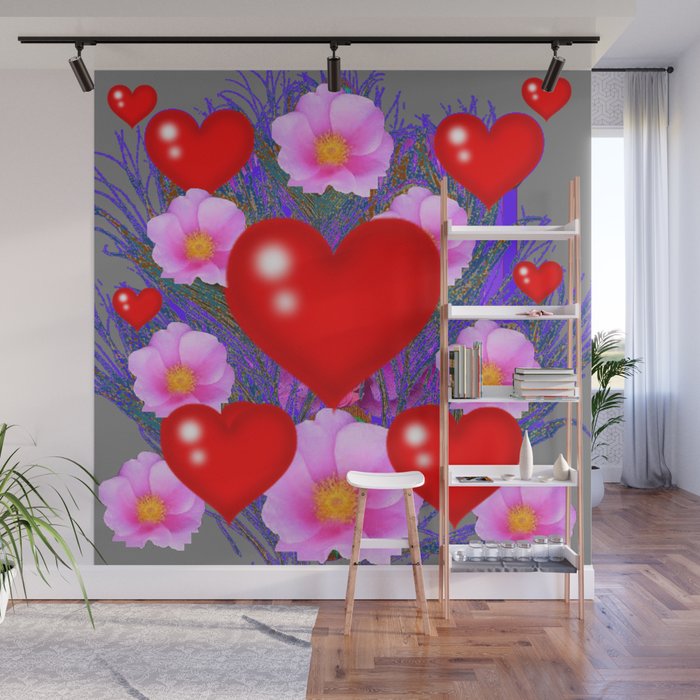 Red Hearts & Pink Wild Rose Valentine Purple Art Wall Mural