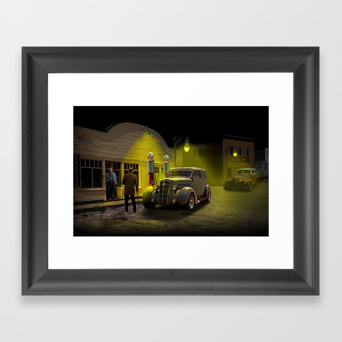 Evening at the Gas Station with Vintage Automobiles Framed Art Print